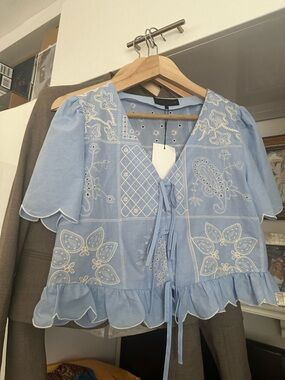 ZAra Light Blue Embroidered Tie-Front Camisole